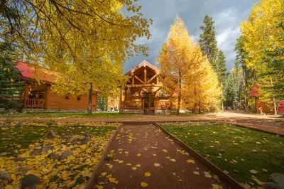 a log cabin with autumn leaves on the ground at Baker Creek By Basecamp in Lake Louise