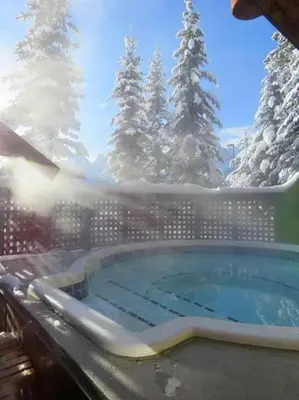 a hot tub on a deck with snow covered trees at A Bear and Bison Country Inn in Canmore
