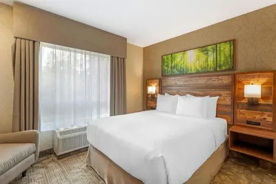 a hotel room with a large bed and a window at Best Western Plus Valemount Inn & Suites in Valemount