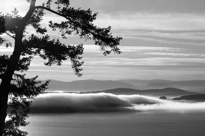 a black and white photo of a wave in the ocean at Shangri-La Oceanfront vacation home in Pender Island