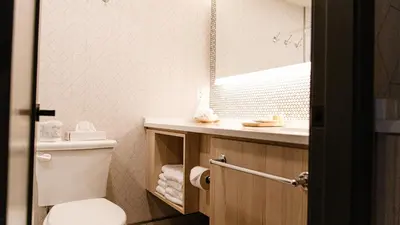 a bathroom with a toilet and a sink and a mirror at Mountaineer Lodge in Lake Louise