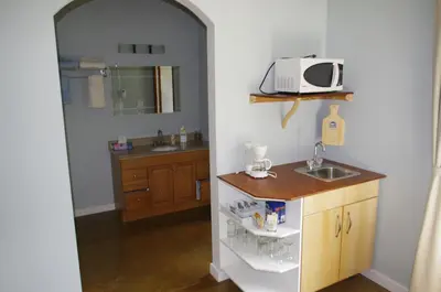 a kitchen with a sink and a microwave at Baergnaescht B&B in Osoyoos