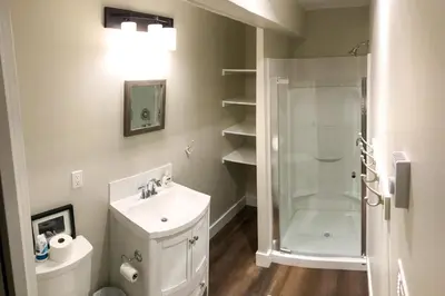 a bathroom with a shower and a sink and a toilet at Bear Valley Guesthouse in Stewart