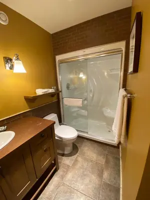 a bathroom with a shower and a toilet and a sink at Fitzhugh House Guest Accomodation in Jasper