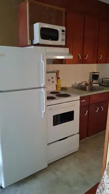 a kitchen with a white stove and a microwave at Plaza Motel in Penticton
