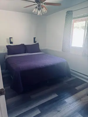 a bedroom with a purple bed with a ceiling fan at Sunset Motel in Radium Hot Springs