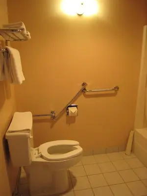 a bathroom with a toilet and a light on the wall at Swiss Village Inn in Golden