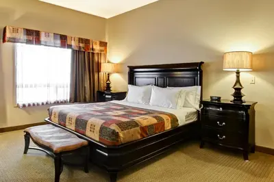 a bedroom with a large bed and a window at Canalta Camrose in Camrose