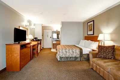a hotel room with a bed a couch and a television at Canalta Jurassic - Drumheller in Drumheller