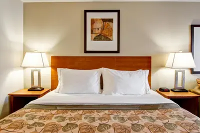 a bed in a hotel room with two lamps at Canalta Jurassic - Drumheller in Drumheller