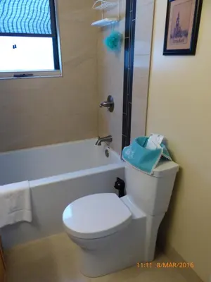 a bathroom with a toilet and a shower with a window at End of the road B & B in Cranbrook
