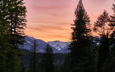 a sunset over the mountains through the trees at Wedgwood Manor and Glamping Retreat in Crawford Bay