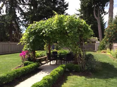 a gazebo with a table and chairs in a garden at Imperial House in Burnaby