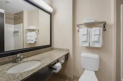 a bathroom with a sink and a toilet and a mirror at Best Western Bonnyville Inn & Suites in Bonnyville