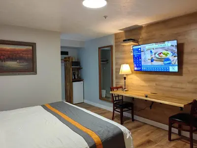 a bedroom with a bed and a desk with a tv at Harbour Light Motel in Nanaimo