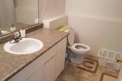 a bathroom with a sink and a toilet at Farhad's B&B in Abbotsford