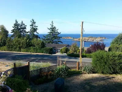 a view of the ocean from a yard at Hammond Bay Oceanside Guesthouse in Nanaimo
