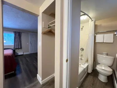 a bathroom with a white toilet and a shower at Villa Motel in Nelson