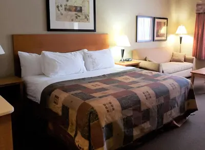 a hotel room with a bed and a couch at Canalta Stettler in Stettler