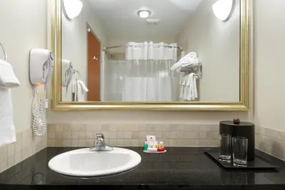 a bathroom with a sink and a mirror at Ramada by Wyndham Olds in Olds