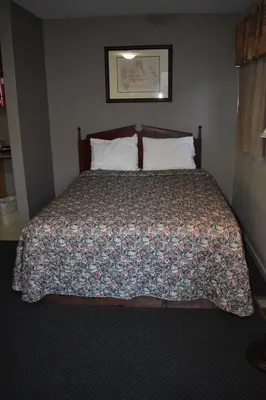 a bedroom with a bed with a comforter and pillows at Hope Inn and Suites in Hope