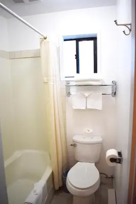 a bathroom with a toilet and a tub and a window at Hope Inn and Suites in Hope