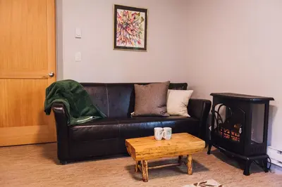a living room with a leather couch and a wood stove at Across the Creek Cabins in Clearwater