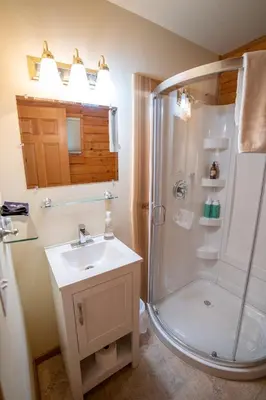 a bathroom with a shower and a sink at Across the Creek Cabins in Clearwater