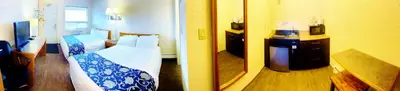 two pictures of a hotel room with a bed at Grande Mountain Lodge in Grande Cache