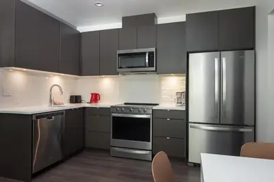 a kitchen with black cabinets and stainless steel appliances at Nowhere Special Hostel in Rossland