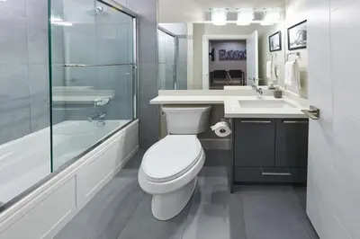 a bathroom with a toilet and a sink and a shower at The Chateau in Burnaby