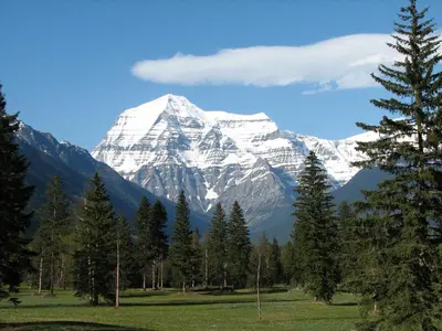 a snow covered mountain in front of a field with trees at Mount Robson Lodge in Mount Robson