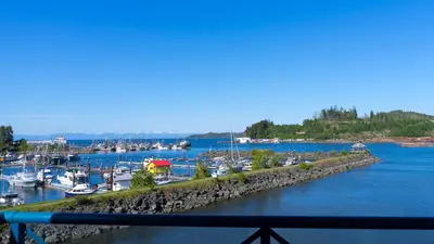 a view of a marina with boats in the water at Glen Lyon Inn in Port Hardy