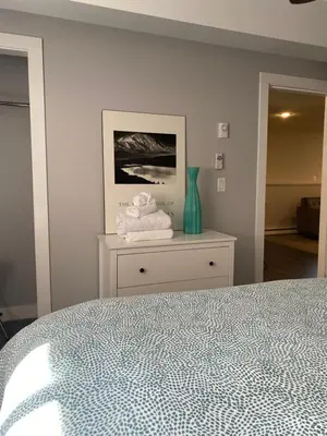 a bedroom with a bed and a vase on a table at Stoneshire Guesthouse in Clearwater