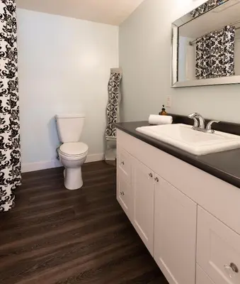 a bathroom with a toilet and a sink and a mirror at Stoneshire Guesthouse in Clearwater