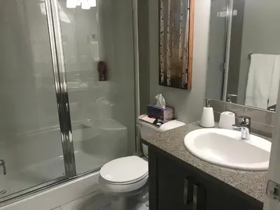 a bathroom with a toilet and a sink and a shower at Home Sweet Condo in Calgary