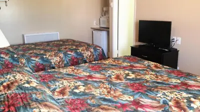 a hotel room with a bed and a flat screen tv at Viking Lamplighter Motel in Viking