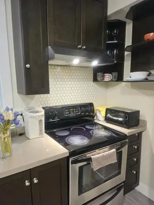 a kitchen with a stove top oven in a kitchen at Metropolis MetroTown Area lovely place 2 or 1 bedrooms suite in New Westminster