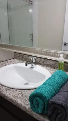 a bathroom sink with a green towel on it at Metropolis MetroTown Area lovely place 2 or 1 bedrooms suite in New Westminster