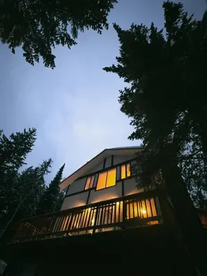 a building with illuminated windows and a tree at Alpine Meadows Lodge in Golden