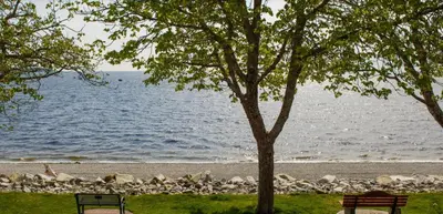 two park benches sitting next to a body of water at Sechelt inn in Sechelt