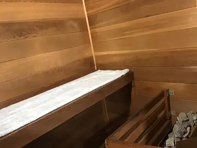 a wooden bench in a sauna at Chateau Riverside in Campbell River