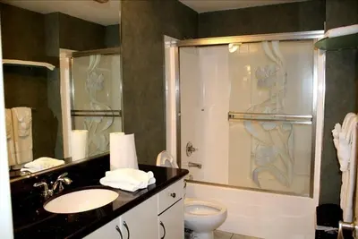 a bathroom with a shower and a sink and a toilet at Ciliegia Villa in Osoyoos