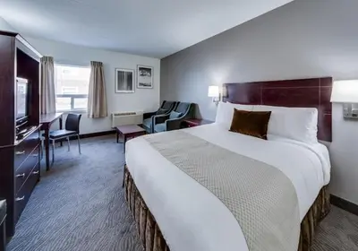 a hotel room with a large bed and a desk at Heritage Inn Hotel & Convention Centre - Brooks in Brooks