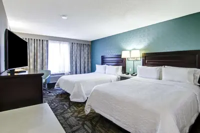 a hotel room with two beds and a flat screen tv at Hampton Inn & Suites by Hilton Calgary-Airport in Calgary