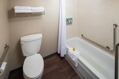 a bathroom with a toilet and a bath tub at Accent Inns Kelowna in Kelowna