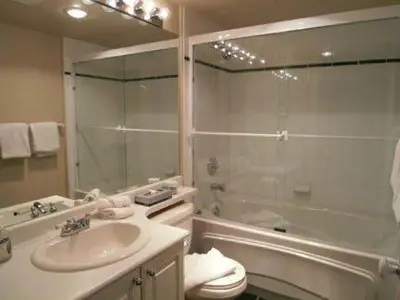 a bathroom with a shower and a sink and a toilet at Studio suite located in the heart of Whistler village in Whistler