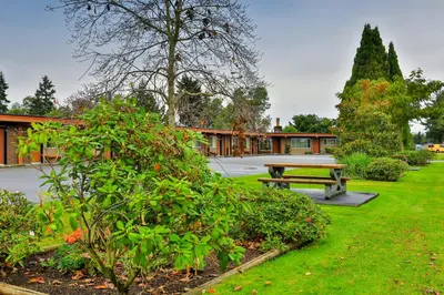 a park with a picnic table and a bench at Arbutus Grove Motel in Parksville