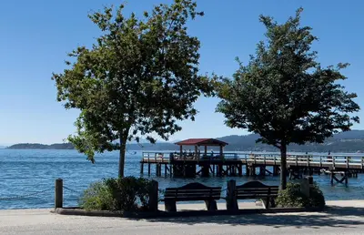 a pier with two trees and benches in front of the water at Oceanside Villas in Sechelt