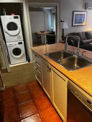 a kitchen with a sink and a washing machine at Town Plaza Suites by Golden Dreams in Whistler